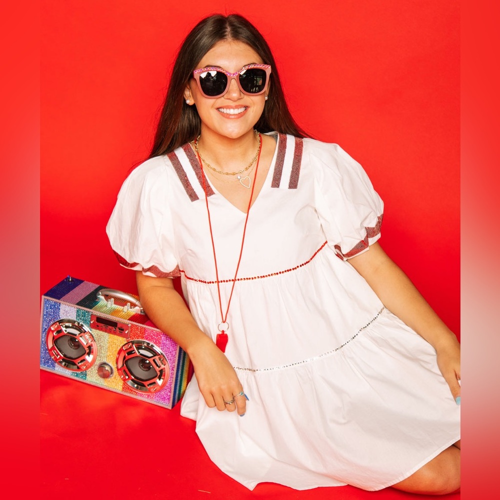 Queen of Sparkles Poof Sleeve Dress in red/white - size small